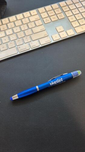 Bidpath Branded Dual-Ended Pen with Stylus and Highlighter, Blue Body, Promotional Logo