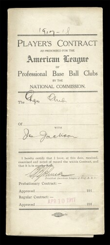 1915 Shoeless Joe Jackson American League Player's Contract Related to Trade from Cleveland Naps to Chicago White Sox