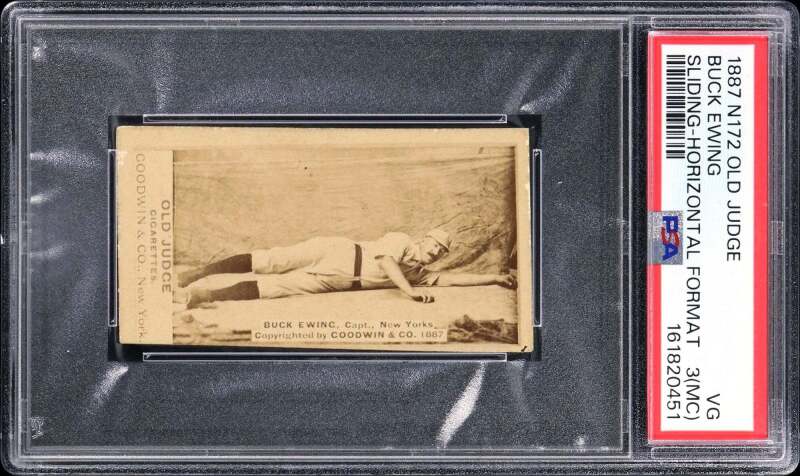 1888 N172 Old Judge Cigarettes #149-1 Buck Ewing (HOF) - PSA VG 3 (MC) - Tough Horizontal Pose