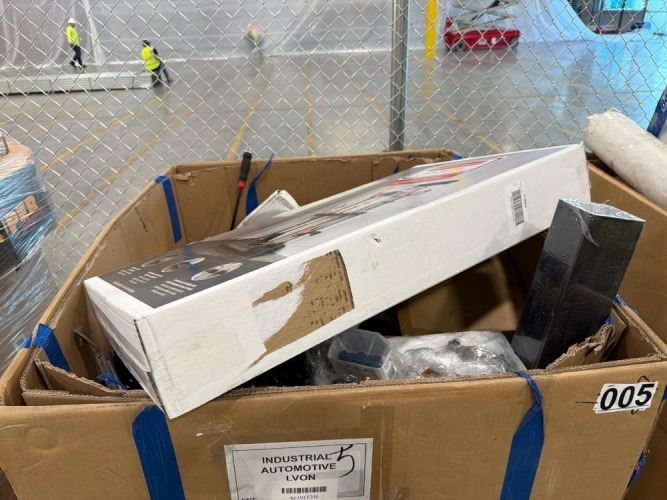 Industrial/automotive, 3M goggles, Rubbermaid tool tower, bolts, car parts, belt, washers, floor mats, and much more